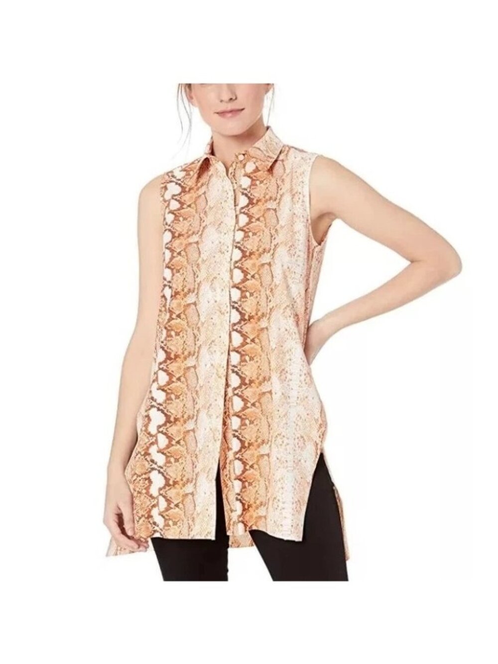 Lyssé Tunic Top Large Sleeveless Button Front Snakeskin Print Lightweight Orange